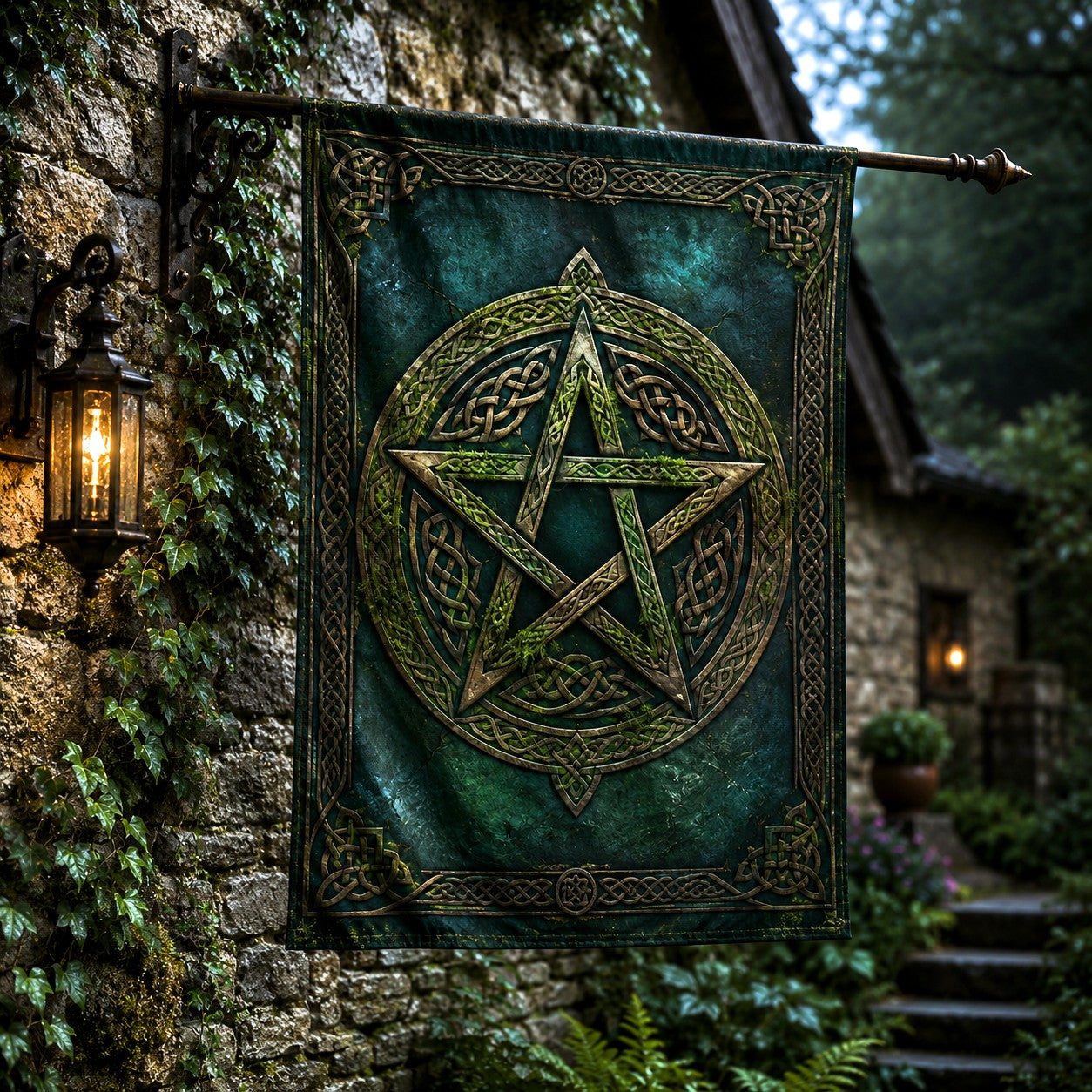 Close-up of Pagan Celtic Pentacle house flag showing carved knot star artwork