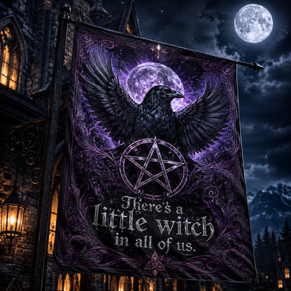 Wicca Black Raven Pentacle house flag displayed outdoors on a garden flag stand