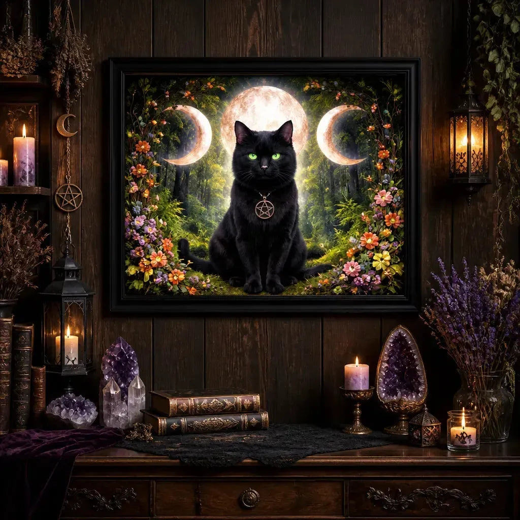 Wiccan Home Decor Triple Moon Black Cat Wall Art - Black Framed Canvas Print for Witchy Decor_mockup_2.webp