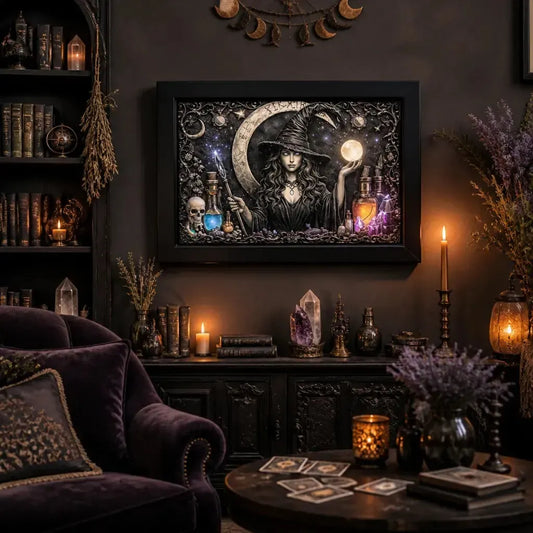 Dark Witch Black Framed Art Print - Gothic Halloween Canvas Wall Decor_mockup_1.webp