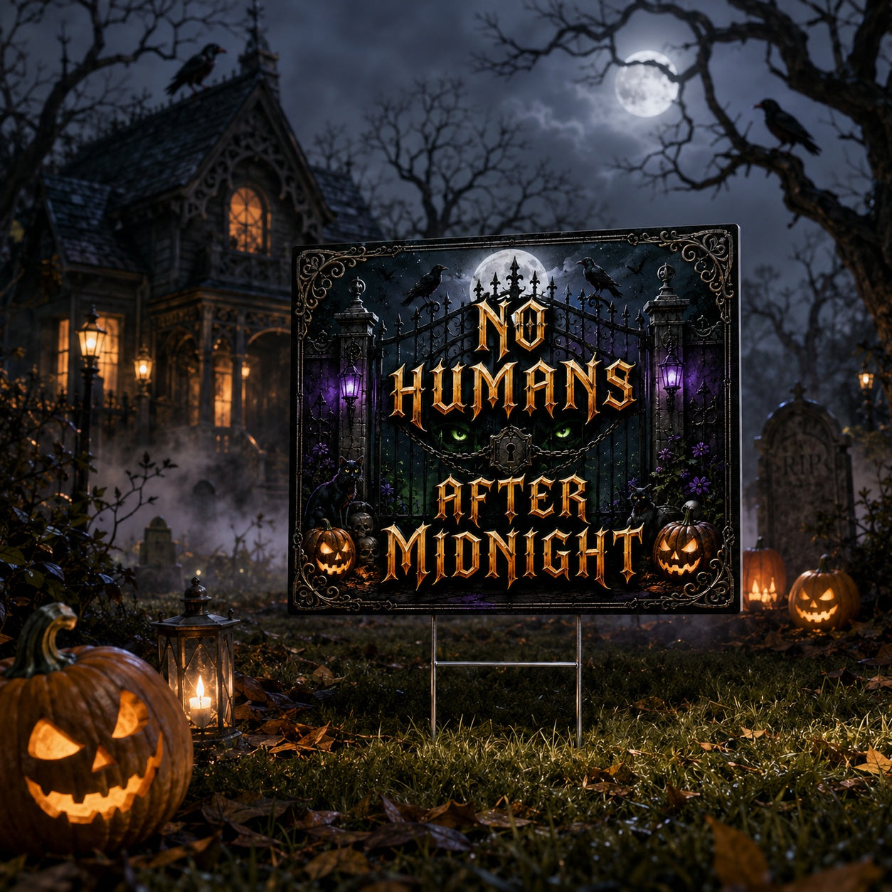 Gothic Haunted Halloween Night Witchy Yard Sign - close up detail