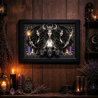 Gothic Triple Moon Goddess Canvas Print - Pagan Black Framed Wall Art for Altar & Meditation Room_mockup_2.webp