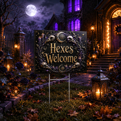 Gothic Skull Raven Hexes Welcome Witchy Halloween Yard Sign - porch scene