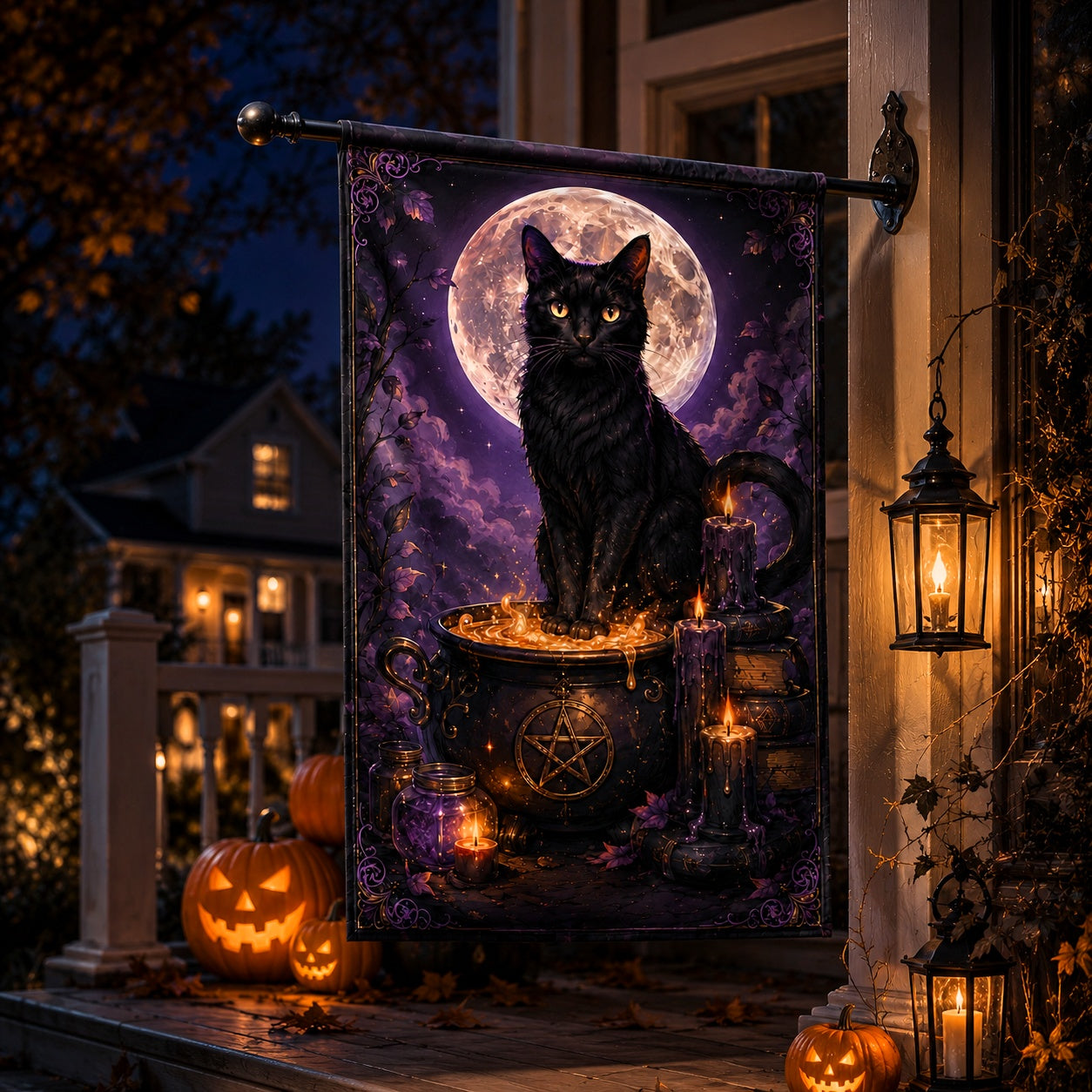 Close-up of Black Cat Cauldron house flag showing cauldron and pentacle artwork