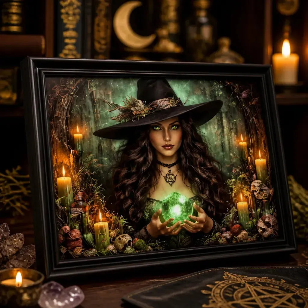 Dark Witch Black Framed Art Print - Gothic Canvas Wall Decor for Halloween_mockup_3.webp