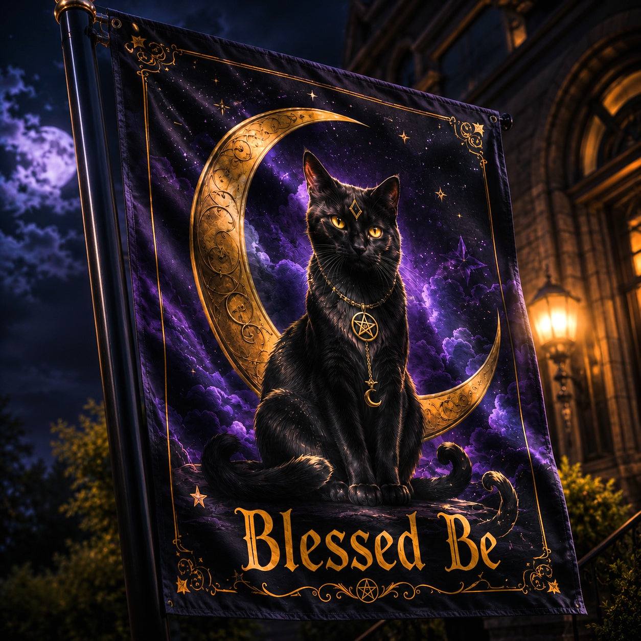 Wicca Black Cat house flag with Blessed Be crescent moon gothic design