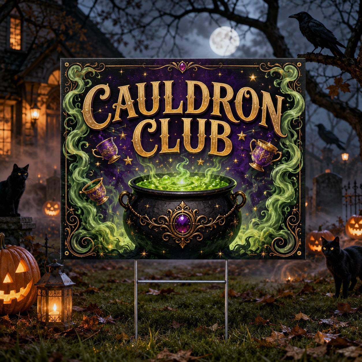 Cauldron Club Witchy Halloween Yard Sign - front view