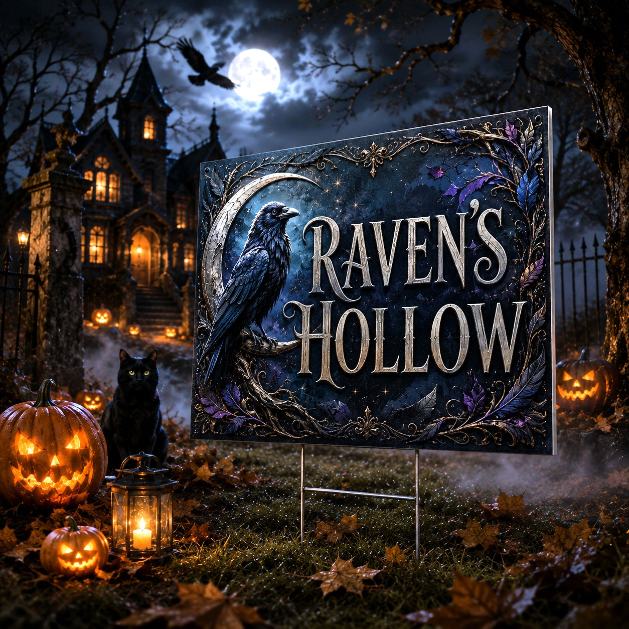 Moon Raven Hollow Gothic Witch Halloween Yard Sign - porch scene