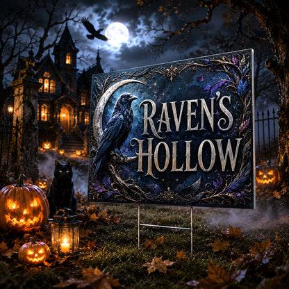 Moon Raven Hollow Gothic Witch Halloween Yard Sign - porch scene