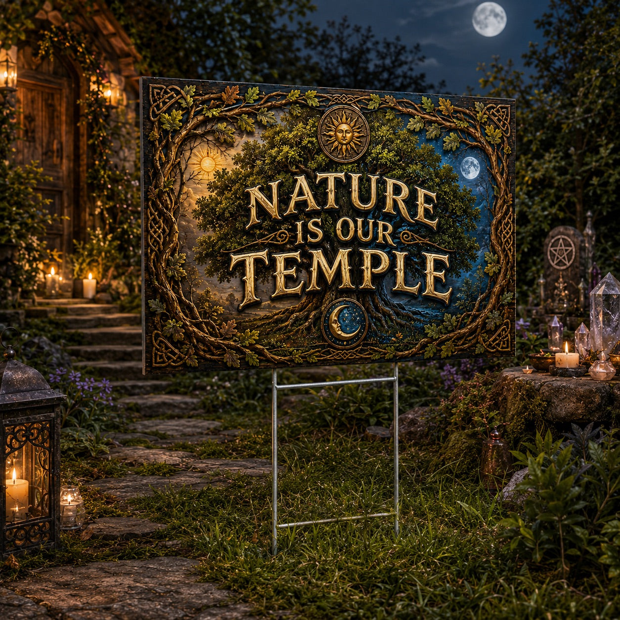 Nature Is Our Temple Stone Arch Wicca Yard Sign - porch scene
