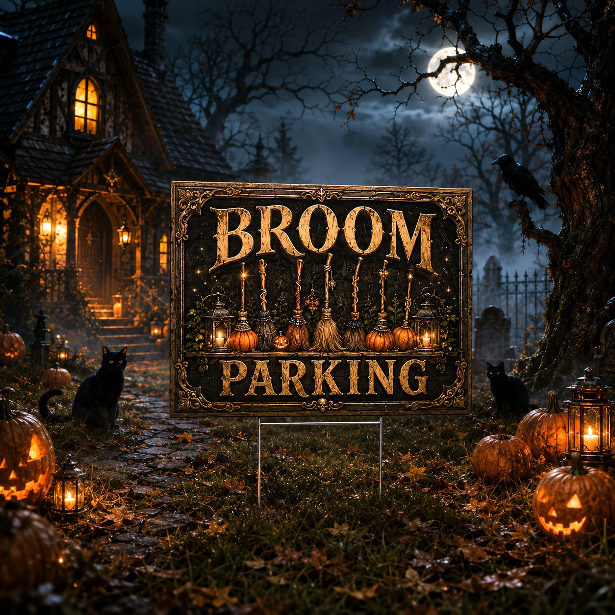 Witch Broom Parking Spooky Halloween Yard Sign - garden display