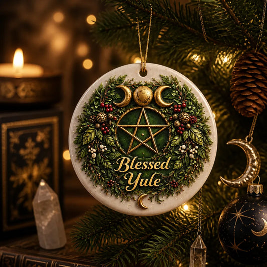 Triple Moon and Pentacle Yule Ceramic Ornament – Wicca Christmas Decoration_mockup_1.webp