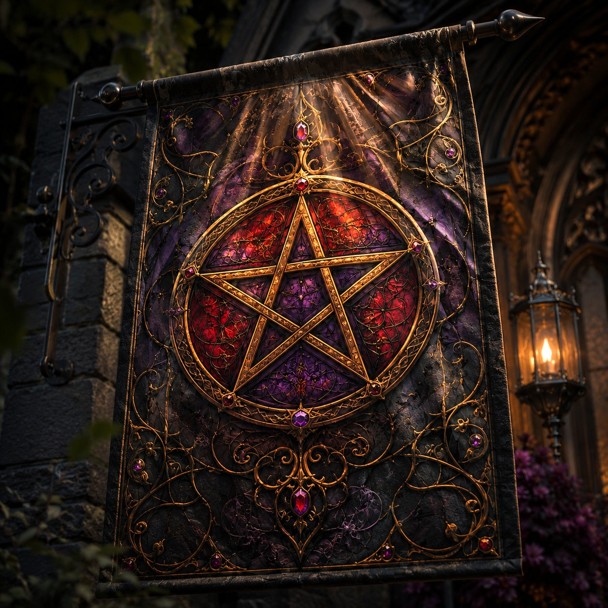 Gothic Pentacle house flag displayed outdoors on a garden flag stand