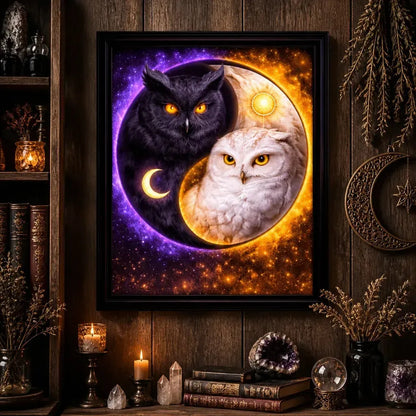 Yin-Yang Owl Canvas Wall Art with Sun Moon - Mystical Black Framed Art Print Wiccan Wall Decor_mockup_2.webp