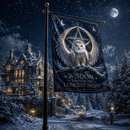 Close-up of Winter Owl Watch house flag showing snowy owl artwork