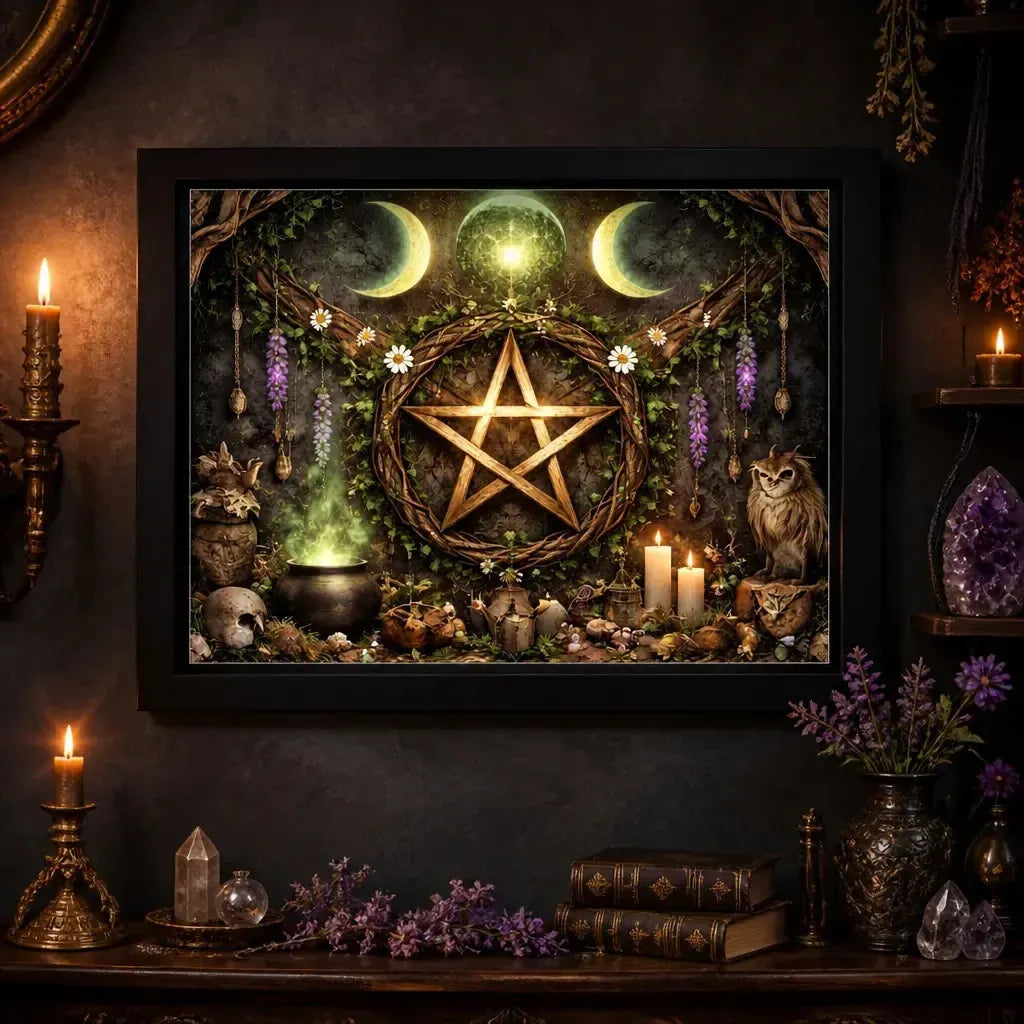 Black Framed Pentacle & Triple Moon Wall Art - Wicca and Pagan Canvas for Witch Home Decor_mockup_2.webp