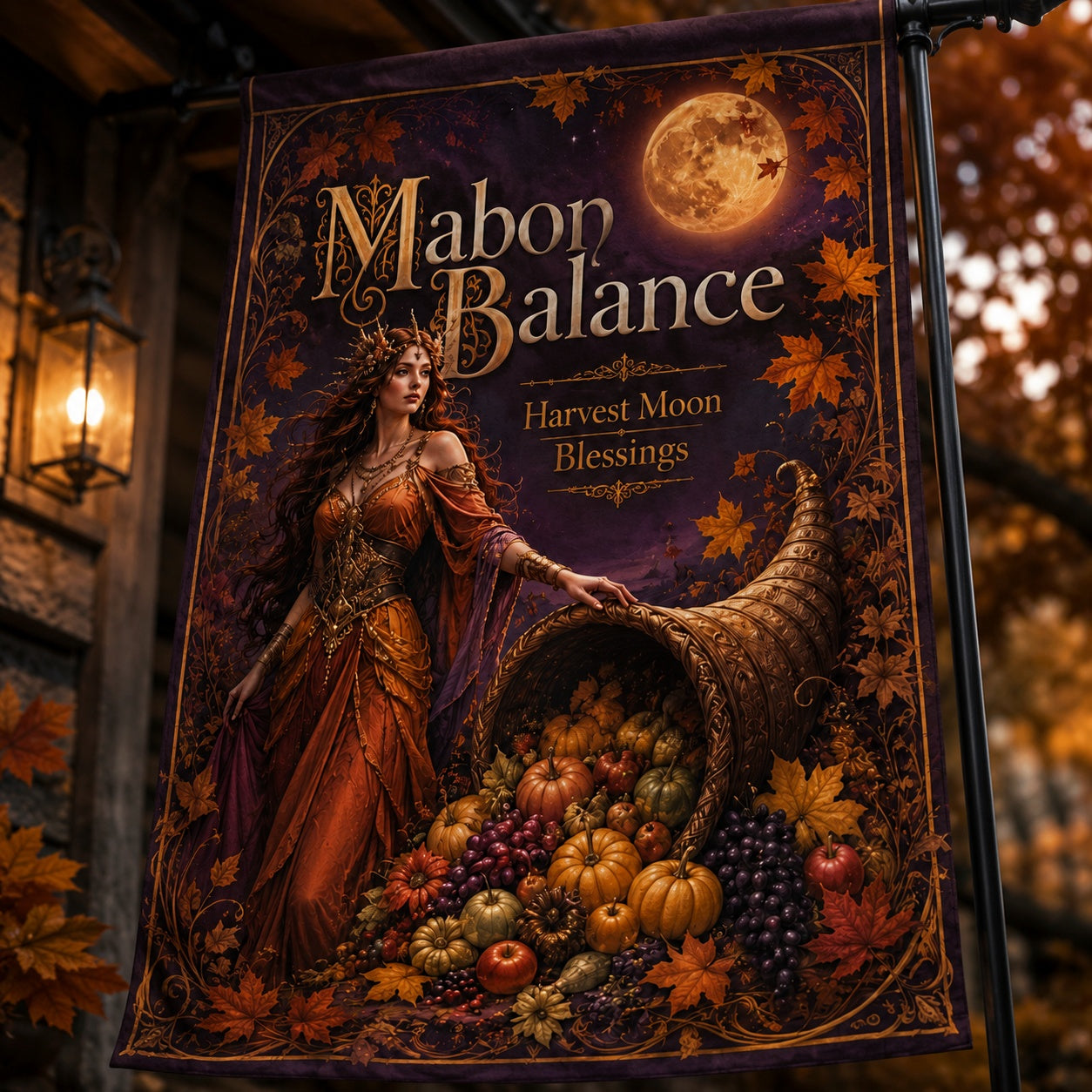 Mabon Balance house flag displayed outdoors on a garden flag stand