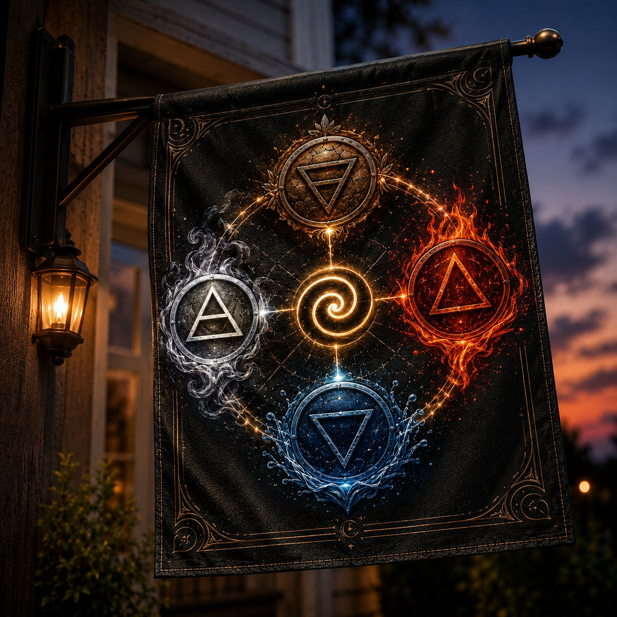 Elemental Wheel house flag displayed outdoors on a garden flag stand