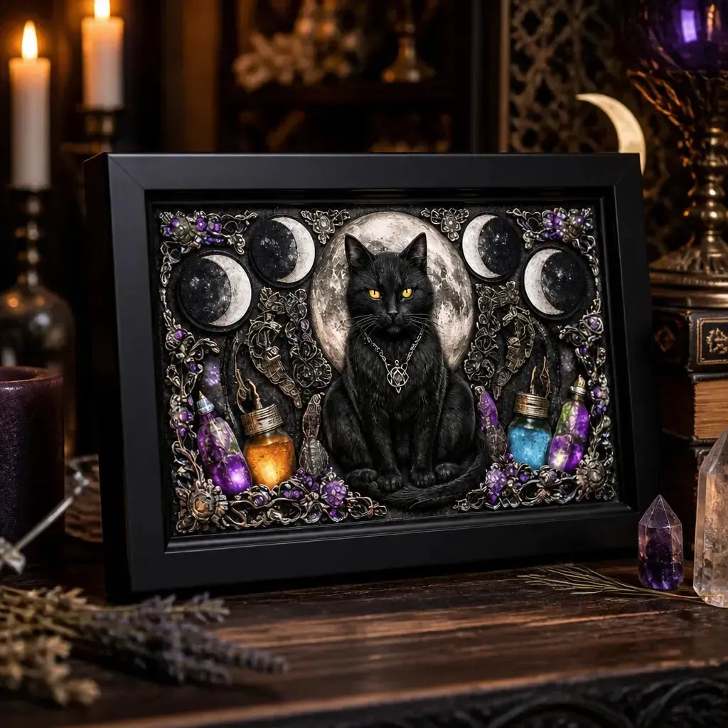 Wiccan Black Cat Canvas Print with Moon Phase - Black Framed Wall Art for Witchy & Gothic Decor_mockup_3.webp