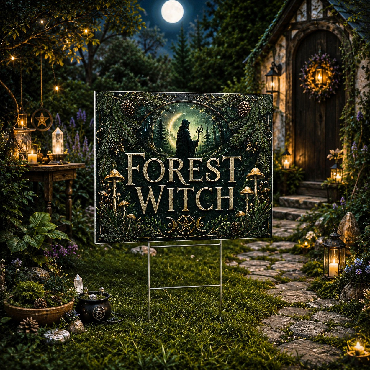 Forest Witch Silhouette Full Moon Wicca Yard Sign - porch scene