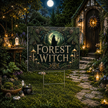 Forest Witch Silhouette Full Moon Wicca Yard Sign - porch scene