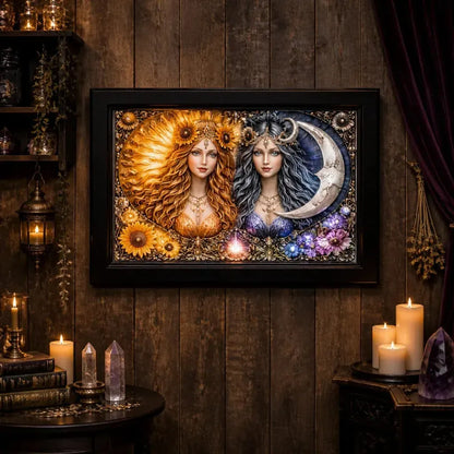 Wicca Sun and Moon Goddess Black Framed Art Print - Pagan Canvas Wall Art for Sacred Decor_mockup_2.webp