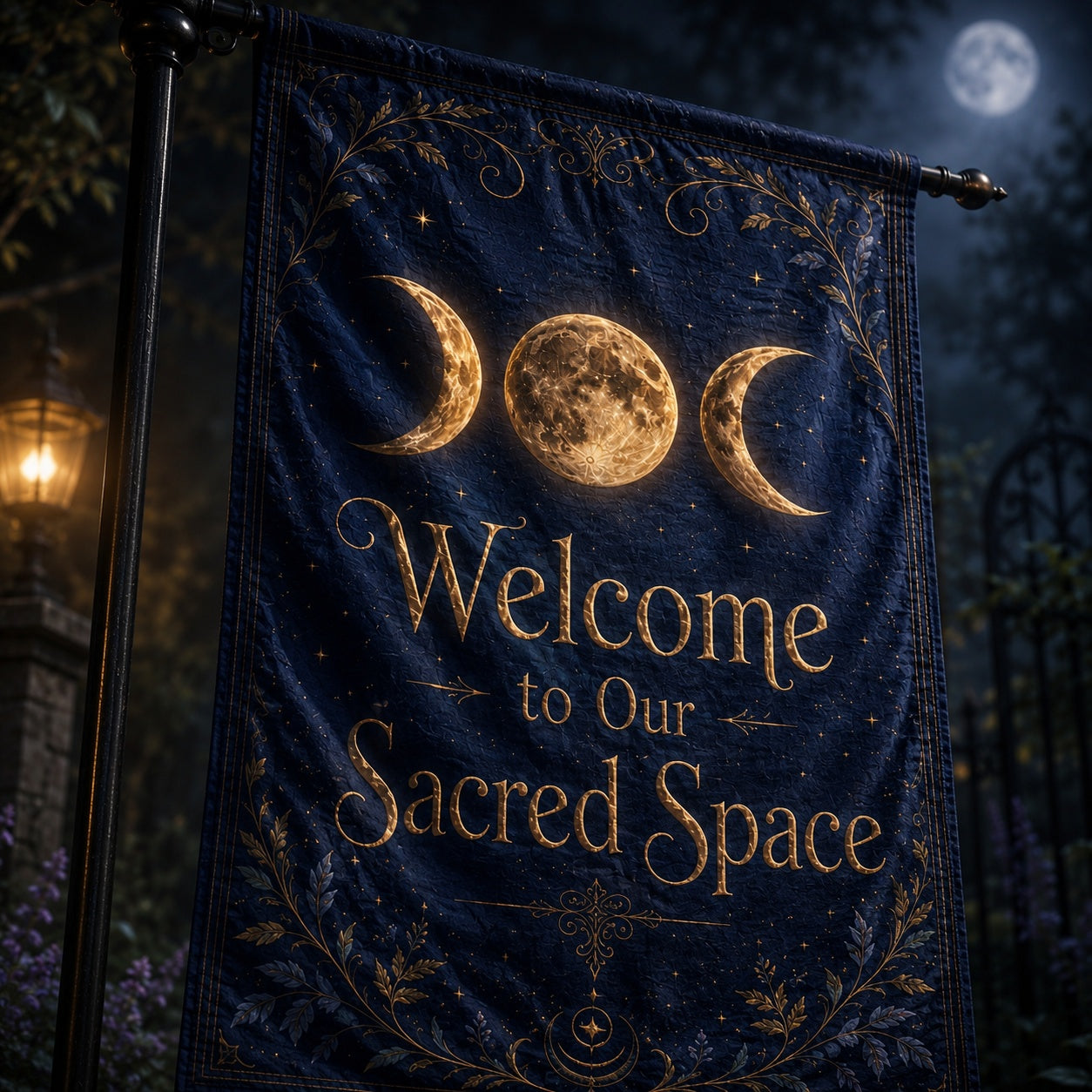 Triple Moon Welcome house flag displayed outdoors on a garden flag stand