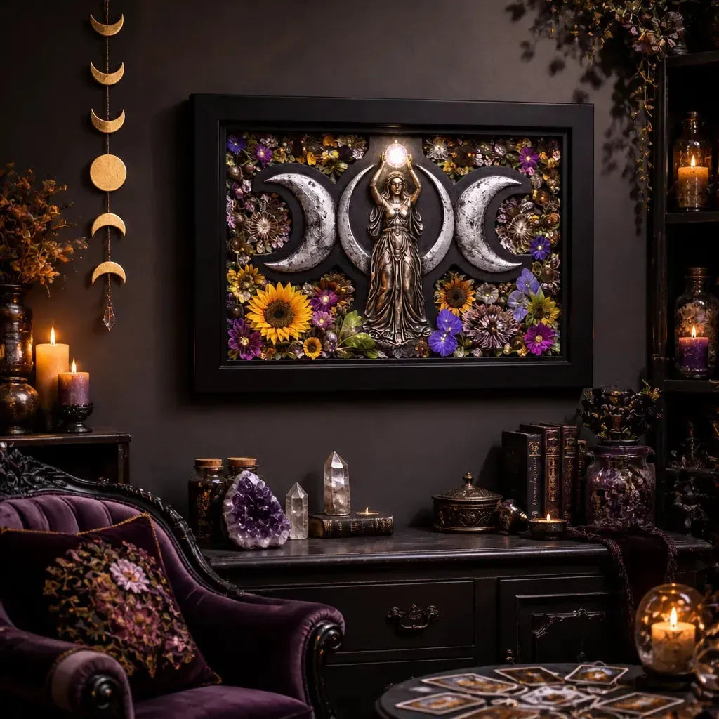 Pagan Triple Moon Goddess Wall Art - Black Framed Canvas Print for Wiccan Altar Decor_mockup_1.webp