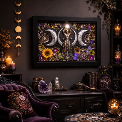 Pagan Triple Moon Goddess Wall Art - Black Framed Canvas Print for Wiccan Altar Decor_mockup_1.webp