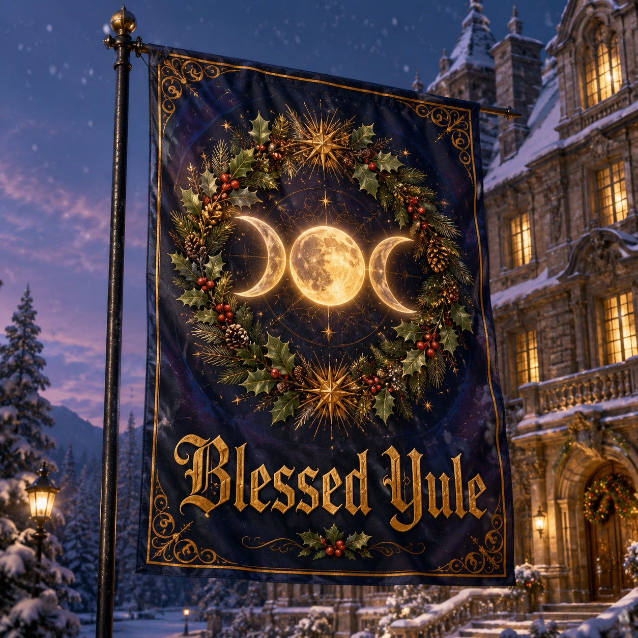 Triple Moon Blessed Yule house flag with pagan winter design