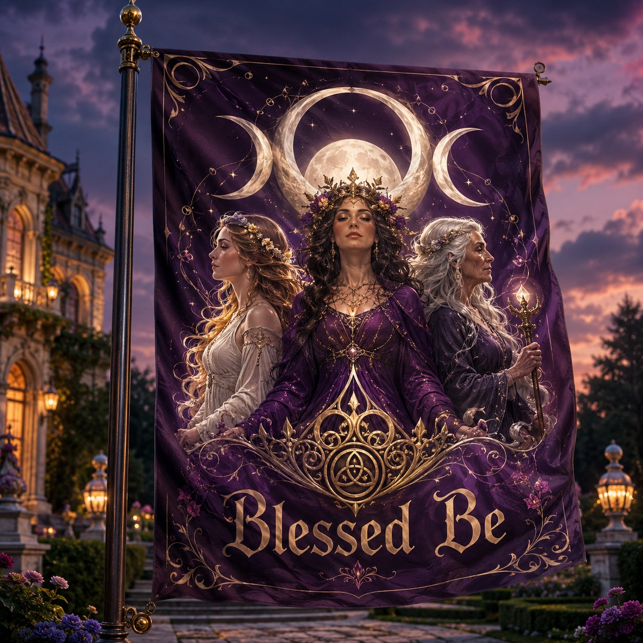 Wicca Triple Goddess house flag with Blessed Be feminine moon design