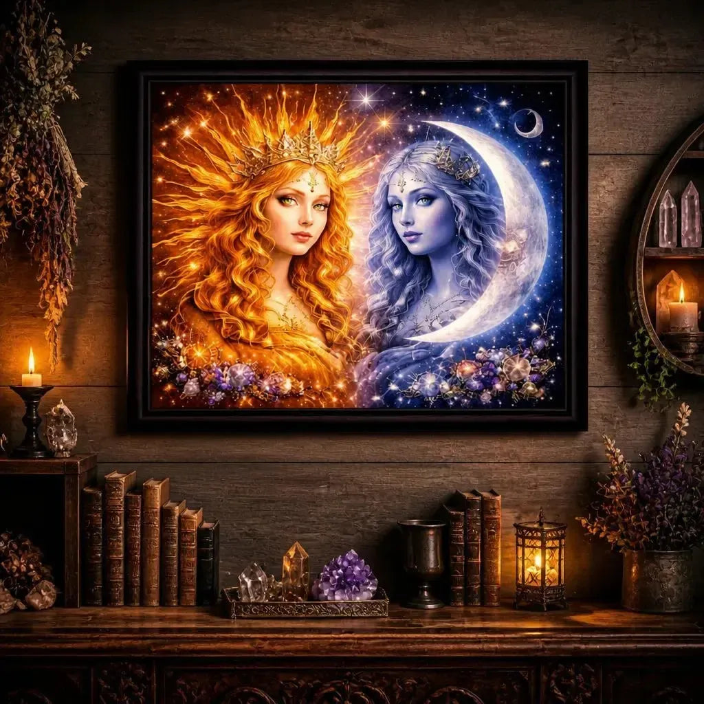Mystical Sun and Moon Goddess Print - Black Framed Canvas Wall Art for Pagan Home Decor_mockup_2.webp