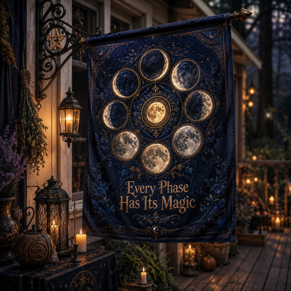 Close-up of Moon Phase Wheel house flag showing lunar cycle artwork