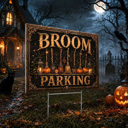 Witch Broom Parking Spooky Halloween Yard Sign - porch scene