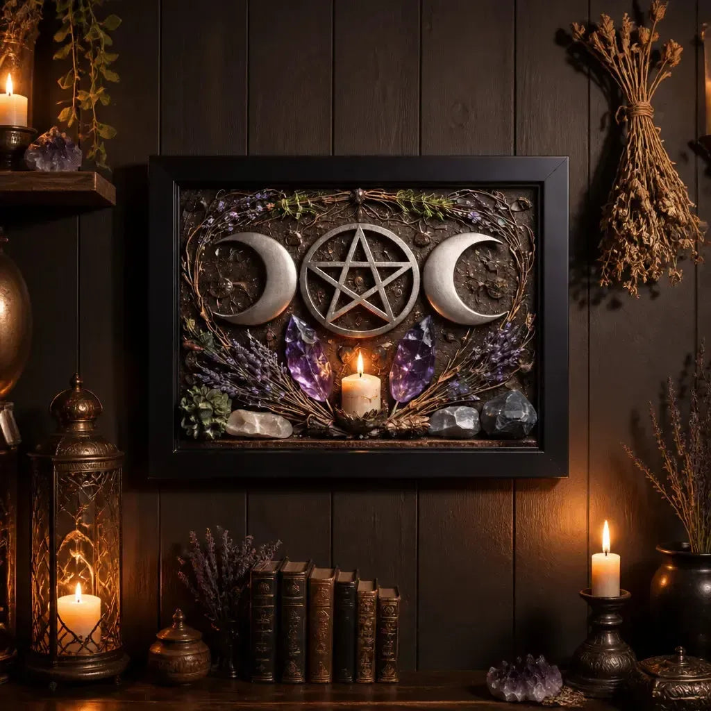 Wicca Triple Moon Canvas Wall Art - Pentacle Pagan Black Framed Art Print Occult Wall Decor_mockup_2.webp