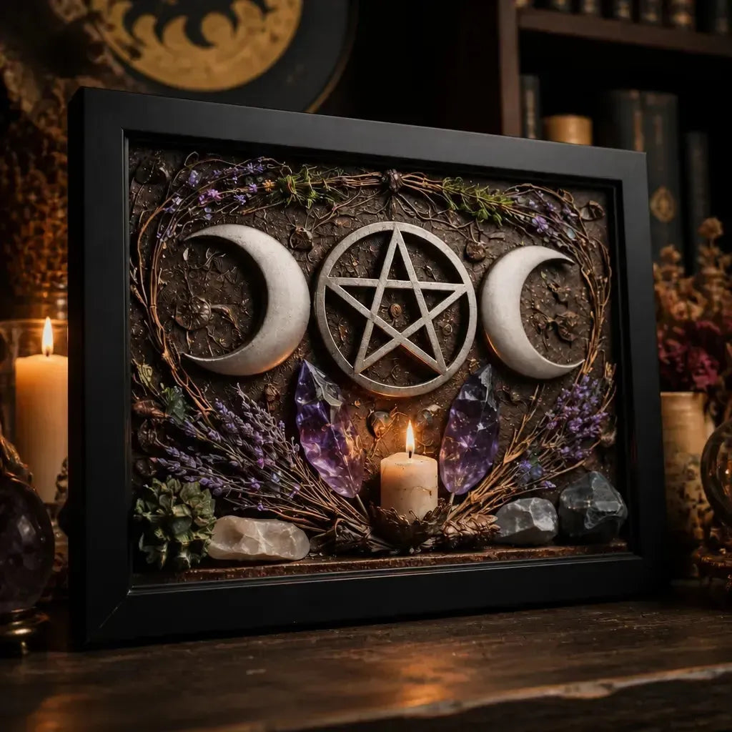 Wicca Triple Moon Canvas Wall Art - Pentacle Pagan Black Framed Art Print Occult Wall Decor_mockup_3.webp