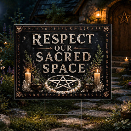 Respect Our Sacred Space Pentacle Pagan Yard Sign - front view