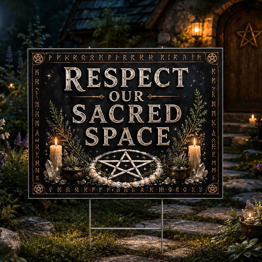 Respect Our Sacred Space Pentacle Pagan Yard Sign - front view