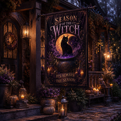 Close-up of Season of the Witch house flag showing pagan artwork
