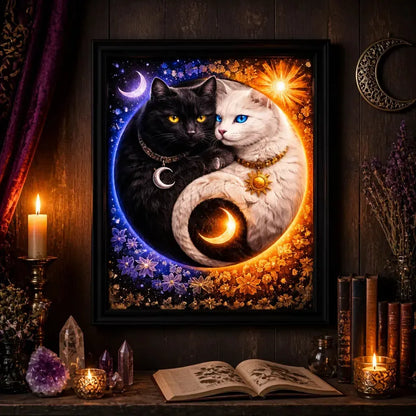 Yin-Yang Cats Canvas Wall Art with Sun & Moon - Pagan Black Framed Art Print Magical Home Decor_mockup_2.webp