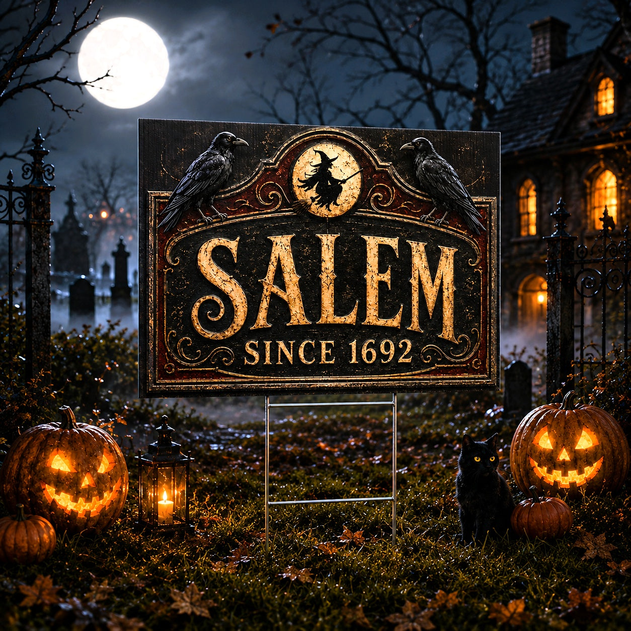 Spooky Witch Raven Salem Halloween Yard Sign - close up detail