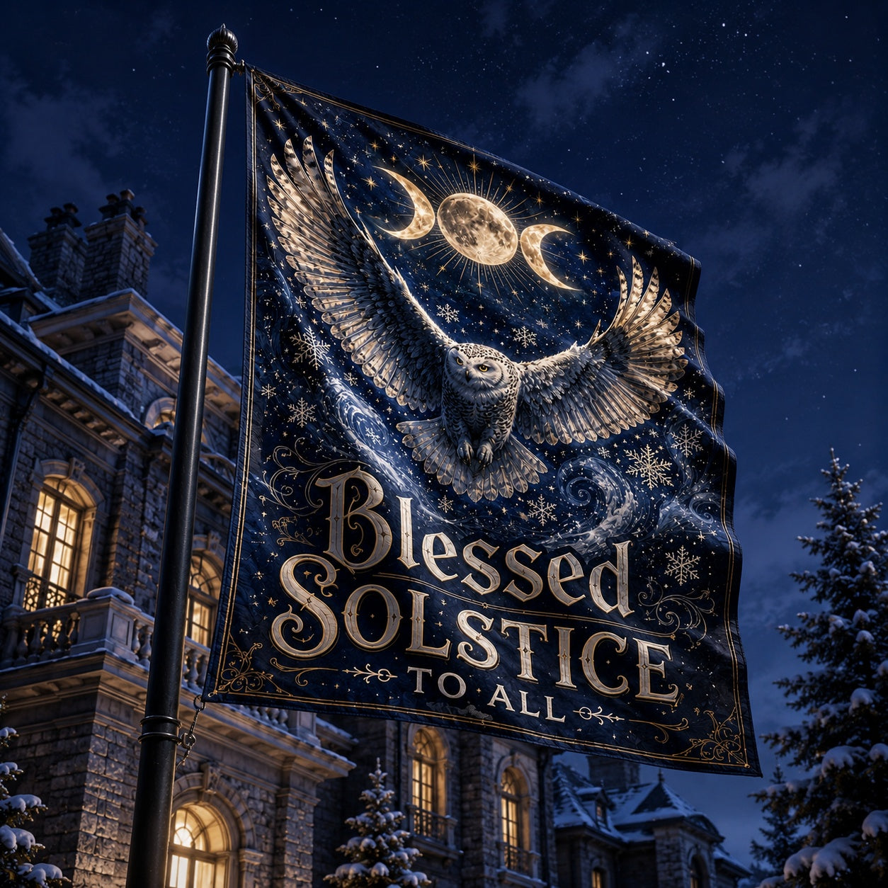 Close-up of Blessed Solstice house flag showing owl and triple moon artwork