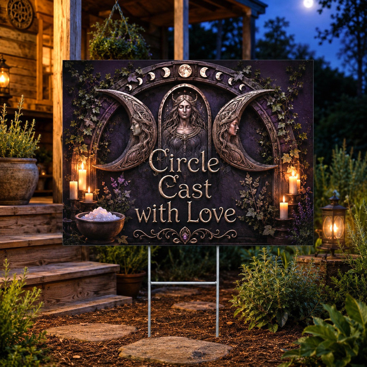 Circle Cast with Love Wicca Yard Sign - front view