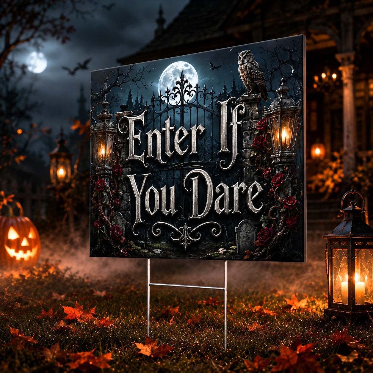 Enter If You Dare Gothic Witchy Halloween Yard Sign - close up detail