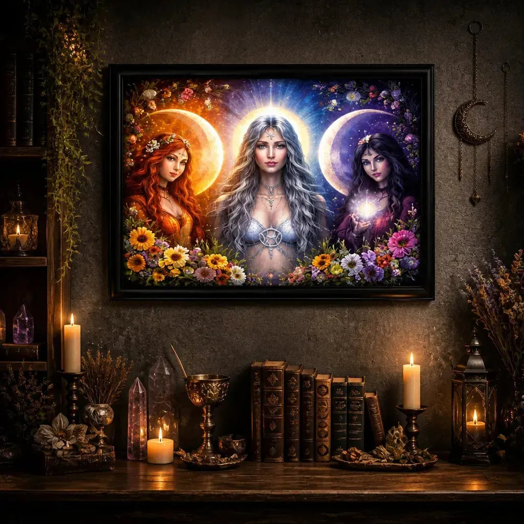 Pagan Triple Moon Goddess Wall Art - Black Framed Canvas Print for Wiccan & Witchy Decor_mockup_2.webp