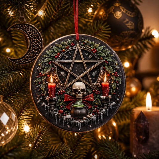 Witchcraft Pentacle Skull Yule Ceramic Ornament – Gothic Wiccan Tree Decor_mockup_1.webp