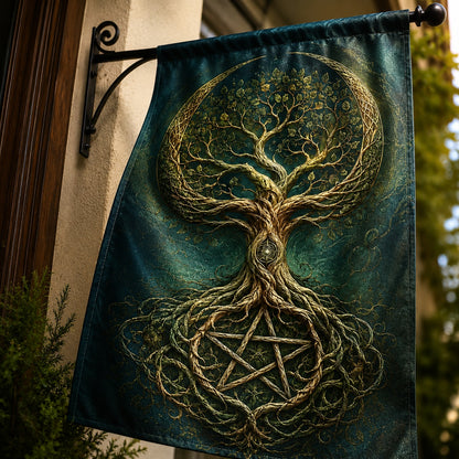 Tree of Life house flag displayed outdoors on a garden flag stand