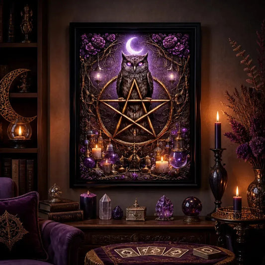 Mystical Owl Gothic Decor with Pentacle - Wiccan Black Framed Art Print Canvas for Witch Home Decor_mockup_1.webp