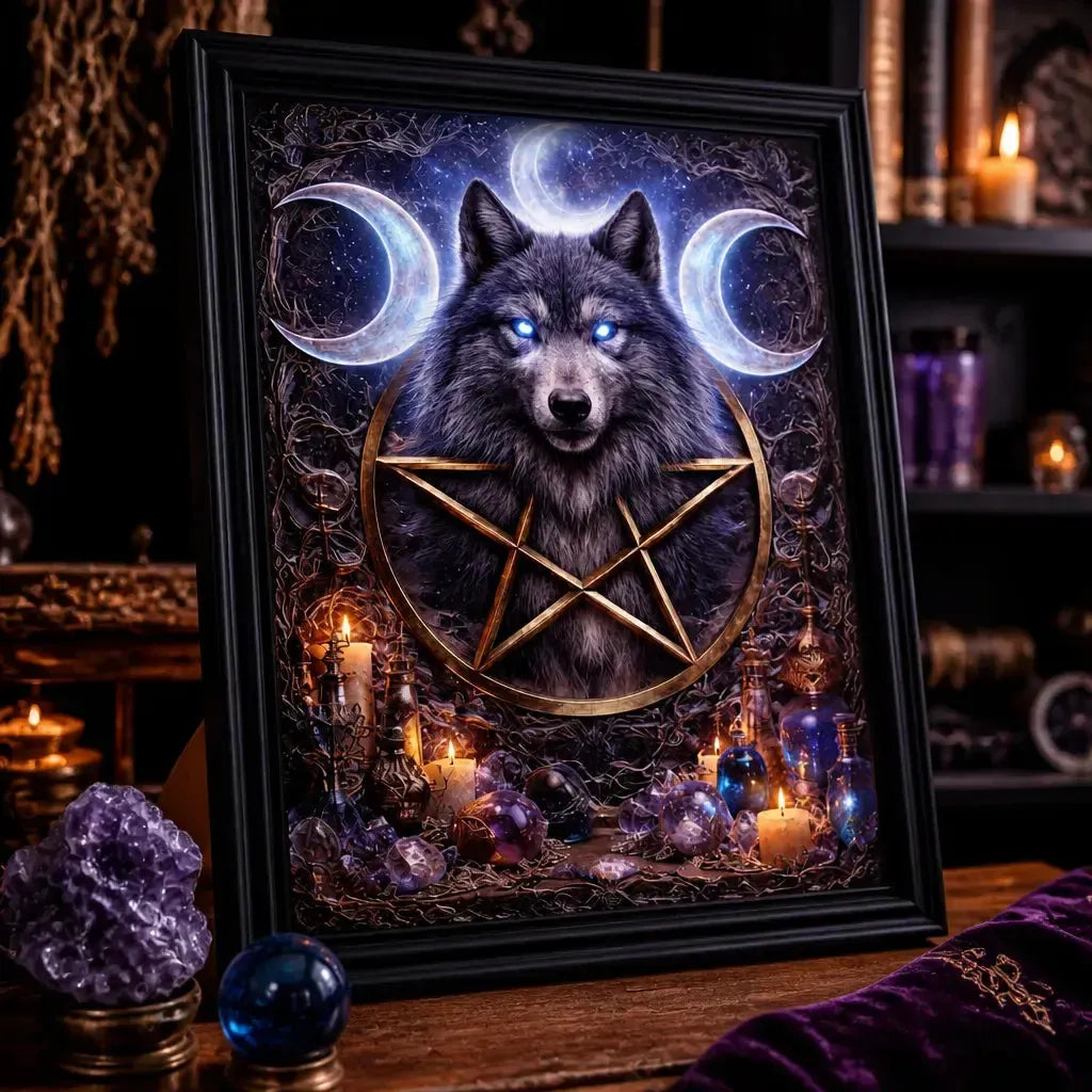Spiritual Wolf Art with Moon Pentacle - Wicca Black Framed Canvas Wall Print for Pagan Home Decor_mockup_3.webp