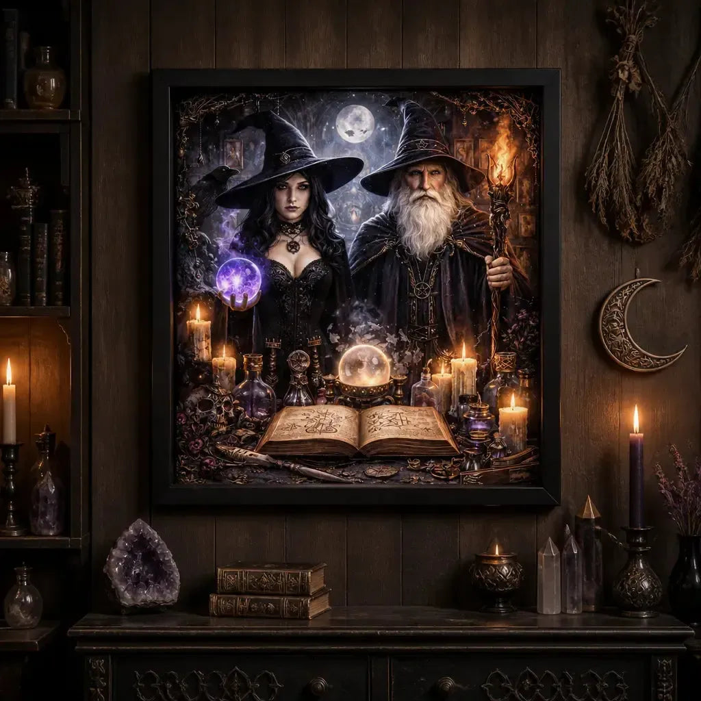 Dark Witch & Wizard Black Framed Art Print - Gothic Canvas Wall Decor for Halloween_mockup_2.webp